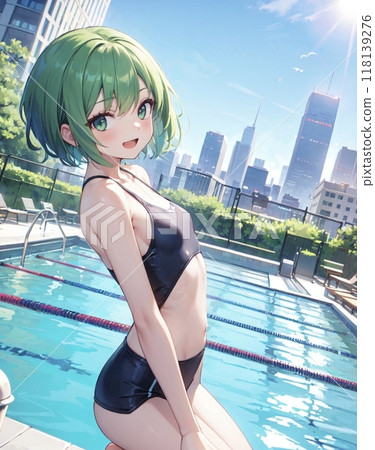 穿著黑色泳衣的女孩在泳池裡 穿著黑色泳衣的女孩在泳池裡 118139276