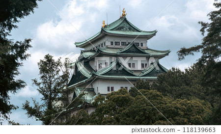 A cinematic-style picture of majestic Nagoya Castle, crowned with golden shachihoko, reflects Japan's rich history and the beauty of its Edo-era architecture, surrounded by serene gardens. 118139663