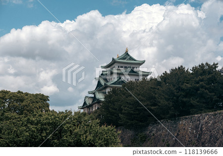A cinematic-style picture of majestic Nagoya Castle, crowned with golden shachihoko, reflects Japan's rich history and the beauty of its Edo-era architecture, surrounded by serene gardens. 118139666
