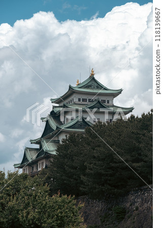 A cinematic-style picture of majestic Nagoya Castle, crowned with golden shachihoko, reflects Japan's rich history and the beauty of its Edo-era architecture, surrounded by serene gardens. 118139667