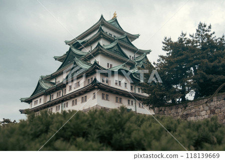 A cinematic-style picture of majestic Nagoya Castle, crowned with golden shachihoko, reflects Japan's rich history and the beauty of its Edo-era architecture, surrounded by serene gardens. A cinematic-style picture of majestic Nagoya Castle, crowned with golden shachihoko, reflects Japan's rich history and the beauty of its Edo-era architecture, surrounded by serene gardens. 118139669