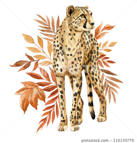 cheetah, tropical leaves watercolor isolated on white background, Safari animal, autumn plant. Jungle autumn floral cheetah, tropical leaves watercolor isolated on white background, Safari animal, autumn plant. Jungle autumn floral 118139779