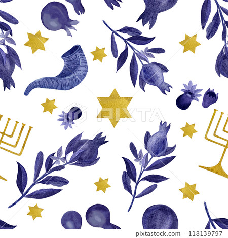 Rosh Hashanah, Hanukkah watercolor seamless pattern isolated on white. Festive dark blue gold menorah pomegranates, star shofar elements great for textile, wrapping paper. Jewish tradition clipart 118139797