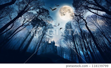 晚上，墳墓在詭異的森林裡，蝙蝠跳舞，萬聖節背景 118139799