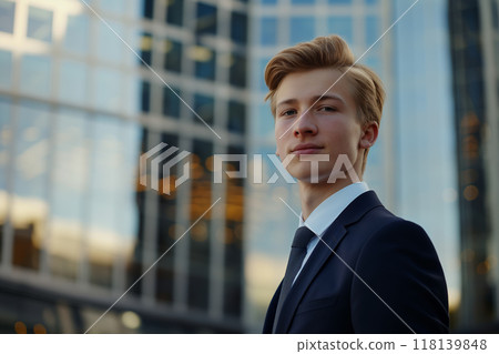 Confident Young Professional in Suit Standing Against Modern Glass Building Background, AI-generated item 118139848