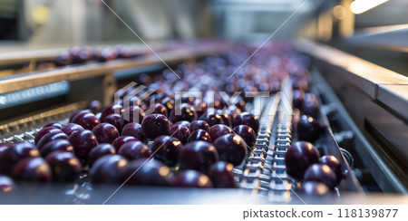 Fresh Purple Plums on Conveyor Belt in Fruit Processing Plant, AI-generated item 118139877