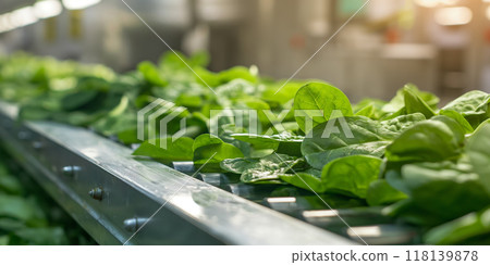 Fresh Green Spinach Processing on Conveyor Belt in Food Factory, AI-generated item 118139878