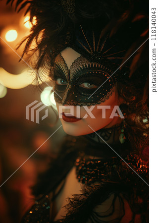 Mystical Woman in Ornate Masquerade Mask with Feathers at Evening Party, AI-generated item 118140043