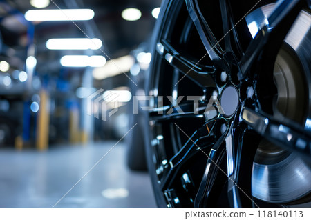 Close Up of a Shiny Black Car Wheel in a Modern Garage Workshop, AI-generated item 118140113