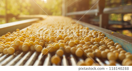 Fresh Soybeans on Conveyor Belt in Food Processing Facility During Harvest Season, AI-generated item Fresh Soybeans on Conveyor Belt in Food Processing Facility During Harvest Season, AI-generated item 118140288