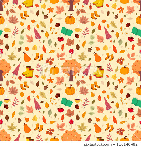 Autumn time, autumn, leaves, trees, rubber boots, seamless pattern 118140482