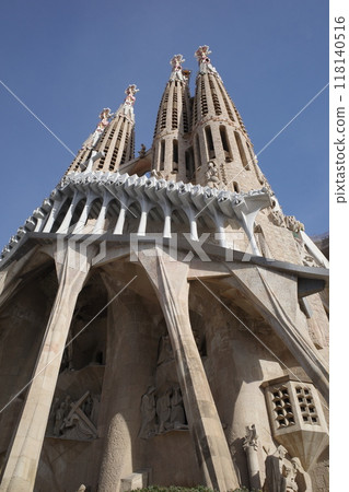 Part of the sculptures on the Passion façade of the Sagrada Familia and the four towers 118140516