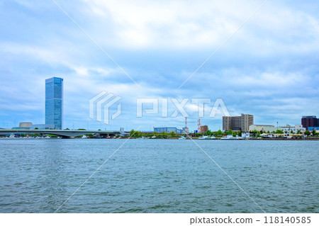 Shinano River Water Shuttle, a water bus moored at Toki Messe Bandaijima Building and Bandai Terrace Hajimari Hiroba 118140585