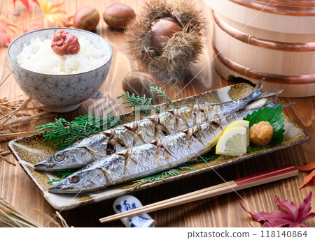 Autumn flavors: grilled salted saury, chestnuts, miso soup and rice Autumn flavors: grilled salted saury, chestnuts, miso soup and rice 118140864