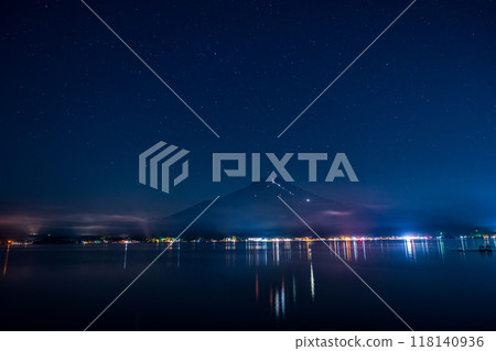 [Yamanashi Prefecture] Mount Fuji - Climbers' lights (human letters) - Reflection on Lake Yamanaka 118140936