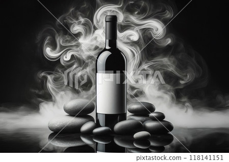 a bottle of wine with a blank label, standing on a reflective surface. Surrounding the bottle are several smooth, dark stones. shades of gray and black 118141151