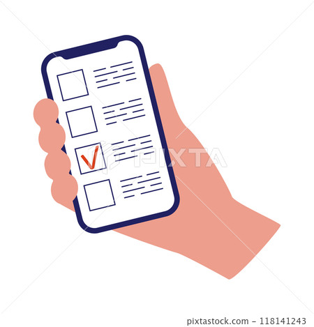 Election campaign. Political company. Electronic voting. Voting online. A hand holds a phone with an electronic voting ballot. A call to vote. Vector illustration in a flat style. Election campaign. Political company. Electronic voting. Voting online. A hand holds a phone with an electronic voting ballot. A call to vote. Vector illustration in a flat style. 118141243
