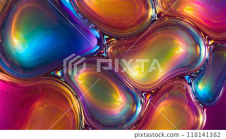 Bright colorful glowing unusually shaped bubbles, abstract liquid or glass pattern background 118141382
