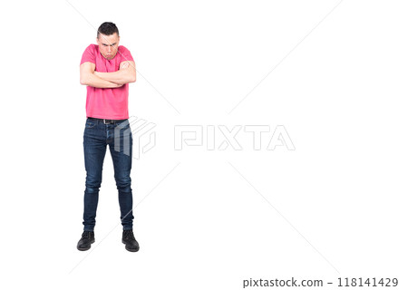 Annoyed man with folded hands pouting lips and looking at camera 118141429