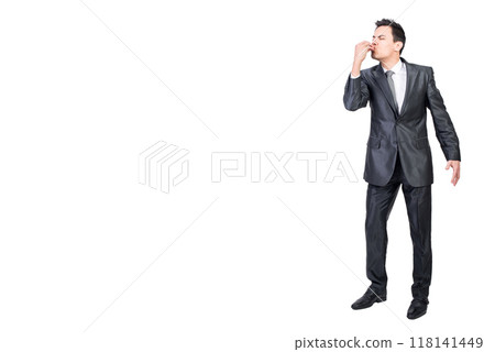 Male manager delighting delicious food taste. White background. Male manager delighting delicious food taste. White background. 118141449
