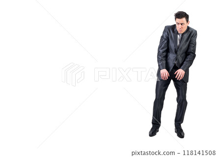 Afraid man in light studio. White background. Afraid man in light studio. White background. 118141508