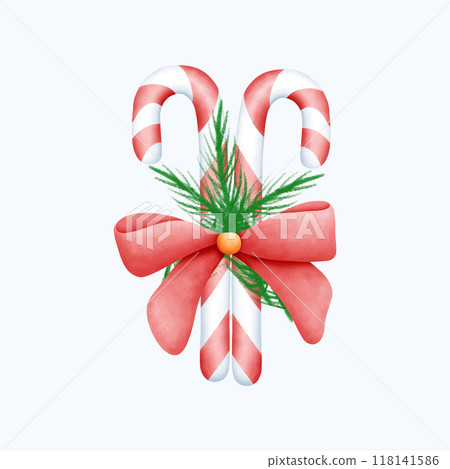 Hand Drawn Watercolor Christmas Candy Cane Illustration with Red and Green Stripes and Festive Bows 118141586