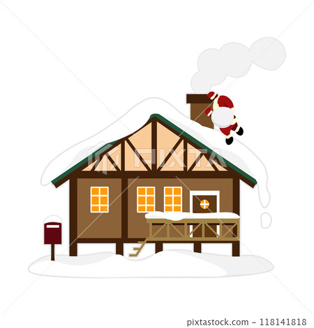 聖誕老人爬進有煙囪的房子的插圖 118141818