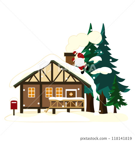 Illustration of Santa climbing up a house with a chimney 118141819
