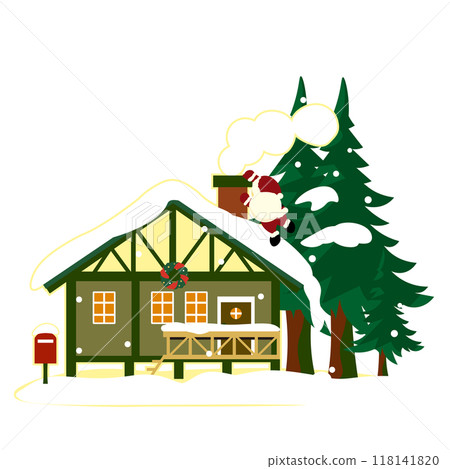 Illustration of Santa climbing up a house with a chimney 118141820