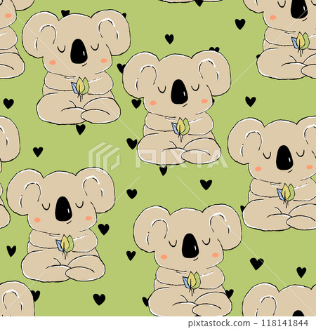 Seamless pattern with cute koala baby on color background. Funny australian animals. Card, postcards for kids. Flat vector illustration for fabric, textile, wallpaper, poster, paper Seamless pattern with cute koala baby on color background. Funny australian animals. Card, postcards for kids. Flat vector illustration for fabric, textile, wallpaper, poster, paper 118141844