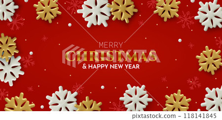 Red Christmas background design with white and gold 3d snowflakes winter frame 118141845