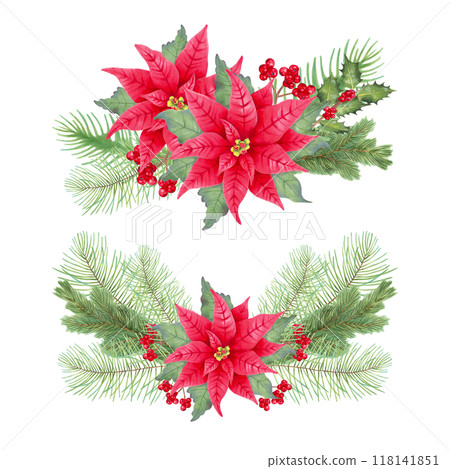Christmas bouquets with poinsettia flower, holly branches, berries, pine, fir. Watercolor and marker illustration. Composition for seasonal winter holidays New Year, Christmas. Handmade, isolated. Christmas bouquets with poinsettia flower, holly branches, berries, pine, fir. Watercolor and marker illustration. Composition for seasonal winter holidays New Year, Christmas. Handmade, isolated. 118141851