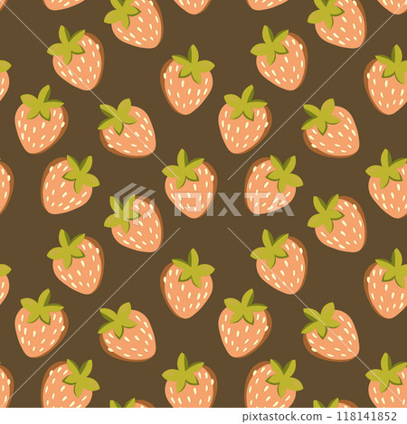 Seamless pattern with strawberry on color background. Natural delicious fresh ripe tasty fruit. Vector illustration for print, fabric, textile, banner, other design. Food concept. Seamless pattern with strawberry on color background. Natural delicious fresh ripe tasty fruit. Vector illustration for print, fabric, textile, banner, other design. Food concept. 118141852