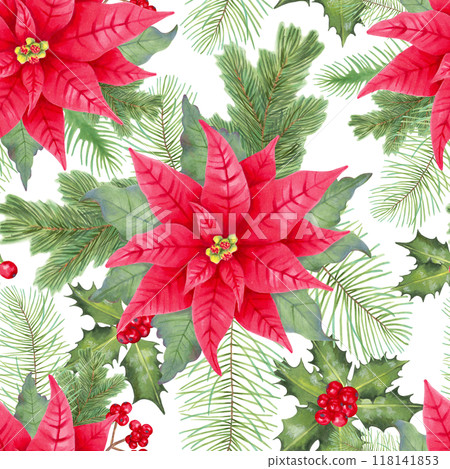 Seamless pattern with poinsettia flower, holly berries and pine branches for Christmas. Botanical illustration with watercolor, marker. Hand drawn isolated art. Winter festive background for New Year. Seamless pattern with poinsettia flower, holly berries and pine branches for Christmas. Botanical illustration with watercolor, marker. Hand drawn isolated art. Winter festive background for New Year. 118141853