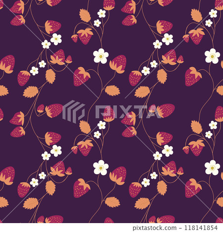 Seamless pattern with strawberry on color background. Natural delicious fresh ripe tasty fruit. Vector illustration for print, fabric, textile, banner, other design. Food concept. 118141854