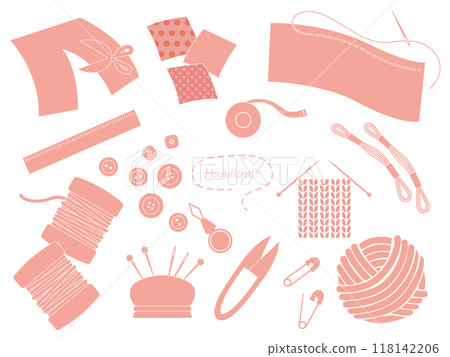 Illustration set of tools used for sewing, monochrome, pink 118142206