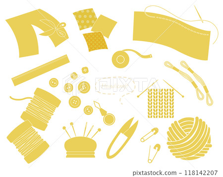 手工藝品中使用的工具插圖集，單色，黃色 118142207
