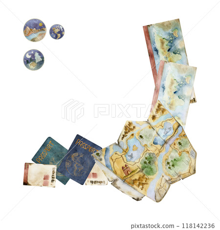 Multinational world map, passport id document, plane train ferry ticket coupon permit, stickers. Watercolor hand drawn illustration. Square frame. Design for tourism, travel brochure, booklet, guide. Multinational world map, passport id document, plane train ferry ticket coupon permit, stickers. Watercolor hand drawn illustration. Square frame. Design for tourism, travel brochure, booklet, guide. 118142236