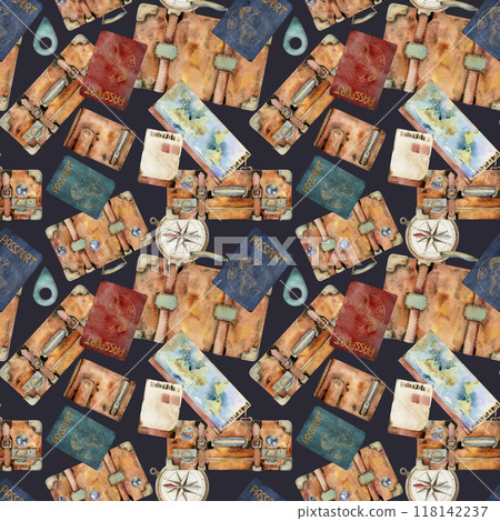 Vintage retro luggage suitcases, compass wallet passport id document, tickets cotton flower. Watercolor hand drawn art. Seamless pattern. Design for tourism, travel, brochure, wedding, guide, print. Vintage retro luggage suitcases, compass wallet passport id document, tickets cotton flower. Watercolor hand drawn art. Seamless pattern. Design for tourism, travel, brochure, wedding, guide, print. 118142237