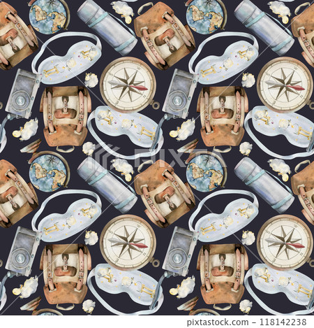 Backpack sleeping mask with sheep, compass, old photo camera, vacuum flask. Watercolor hand drawn art. Seamless pattern. Design for tourism, travel brochure, wedding guide, print, card, tattoo. Backpack sleeping mask with sheep, compass, old photo camera, vacuum flask. Watercolor hand drawn art. Seamless pattern. Design for tourism, travel brochure, wedding guide, print, card, tattoo. 118142238
