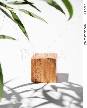 Empty wooden cube with shadows and green leaves on a white background. 118142264