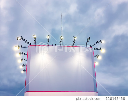 A flock of crows perched on a supermarket rooftop advertising tower 118142438