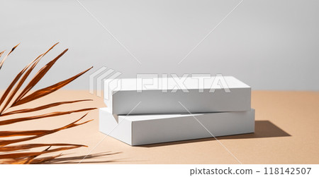 Empty podium for product. Minimal two white boxes on a beige background with palm leaf. Empty podium for product. Minimal two white boxes on a beige background with palm leaf. 118142507