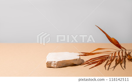 Beige stone slab on a light background with a dry palm leaf and shadow 118142511