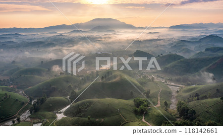 Beautiful aerial view of Long Coc tea hills. Long Coc in Phu Tho Province, Vietnam Beautiful aerial view of Long Coc tea hills. Long Coc in Phu Tho Province, Vietnam 118142661