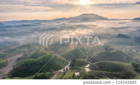 Beautiful aerial view of Long Coc tea hills. Long Coc in Phu Tho Province, Vietnam Beautiful aerial view of Long Coc tea hills. Long Coc in Phu Tho Province, Vietnam 118142665