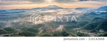 Beautiful aerial view of Long Coc tea hills. Long Coc in Phu Tho Province, Vietnam 118142666