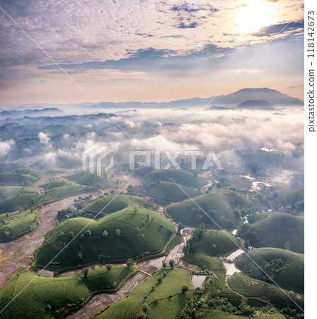 Beautiful aerial view of Long Coc tea hills. Long Coc in Phu Tho Province, Vietnam Beautiful aerial view of Long Coc tea hills. Long Coc in Phu Tho Province, Vietnam 118142673