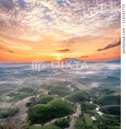 Beautiful aerial view of Long Coc tea hills. Long Coc in Phu Tho Province, Vietnam Beautiful aerial view of Long Coc tea hills. Long Coc in Phu Tho Province, Vietnam 118142774
