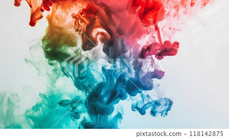 Acrylic blue, green and red colors in water. Ink blot. Abstract white background_1 118142875